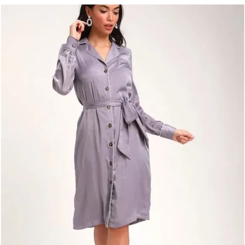Lulu’s Elise Lavender Satin Long Sleeve Midi Shirt Dress size M